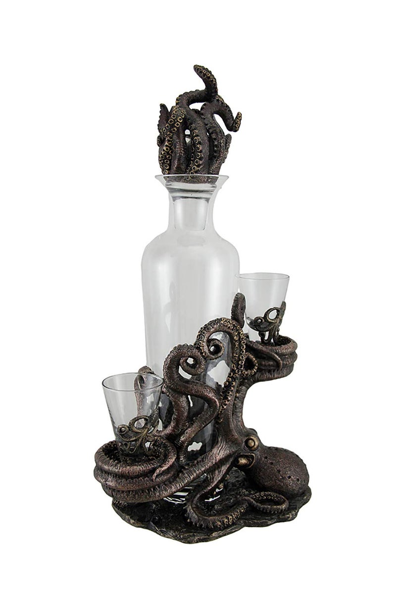 Zeckos Resin And Glass Liquor Decanters Octopus Spirit Decorative Antique Bronze Finish Statue And Glass Decanter Set 8.5 X 15.5 X 5.25 Inches Bronze - Image 2