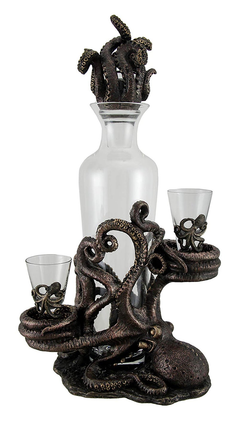 Zeckos Resin And Glass Liquor Decanters Octopus Spirit Decorative Antique Bronze Finish Statue And Glass Decanter Set 8.5 X 15.5 X 5.25 Inches Bronze - Image 1