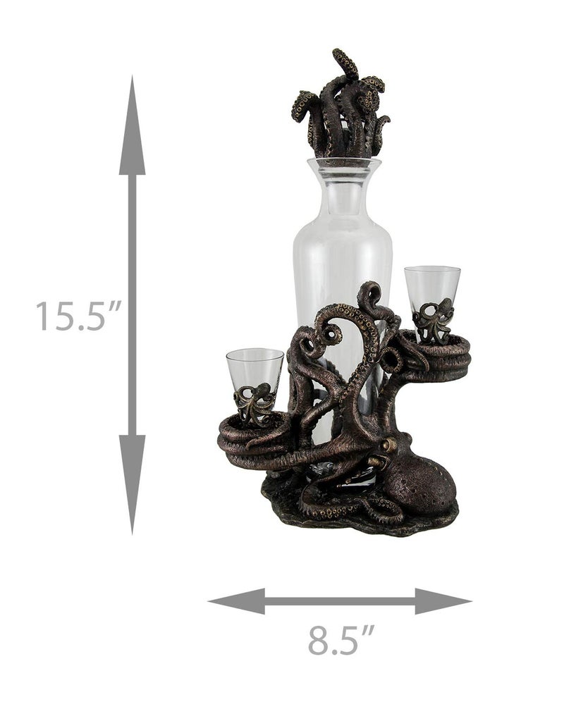 Zeckos Resin And Glass Liquor Decanters Octopus Spirit Decorative Antique Bronze Finish Statue And Glass Decanter Set 8.5 X 15.5 X 5.25 Inches Bronze - Image 5