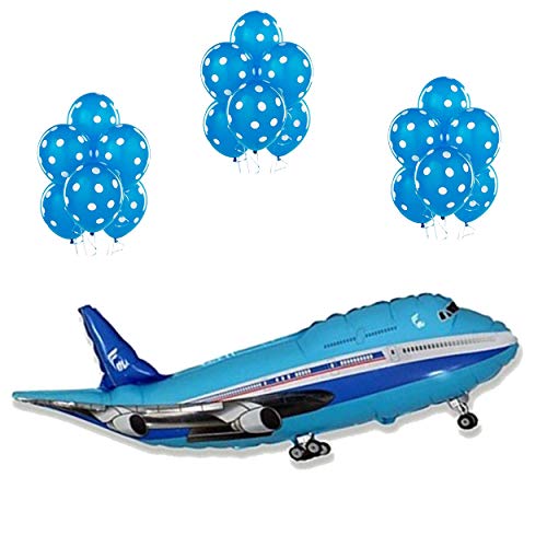 Balloonistics Masti Zone 3 Pcs 34" Aeroplane/Airplane Foil Balloons With 25 Blue Polka Dot Balloons For Birthday Theme Party Decoration (Aeroplane Set 7) - Image 1