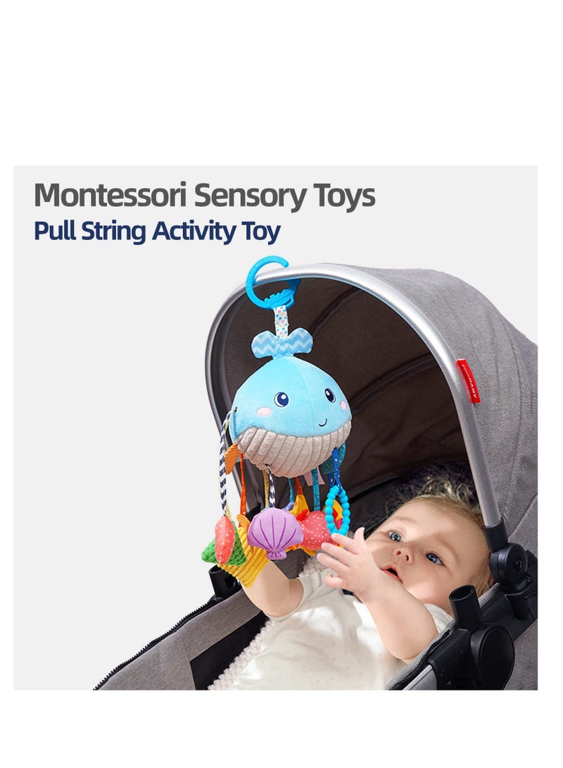 Baby Pull String Activity Plush Toy with Teether, Rattle  Squeaker, Montessori Toys for Babies 18 Months, Sensory Toys for Toddlers 2-3, Travel Toys Motor Skills Toy Infants Gifts(Whale) - Image 2