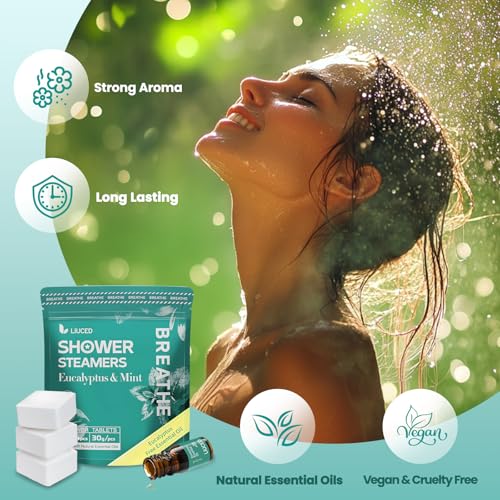LIUCED 14+1 Shower Steamers - 14 Pack Eucalyptus & Mint Shower Bombs Aromatherapy and 5ml Natural Eucalyptus Essential Oils, Eucalyptus for Shower, Sinus Relief, Birthday Gifts for Mom Wife - Image 3
