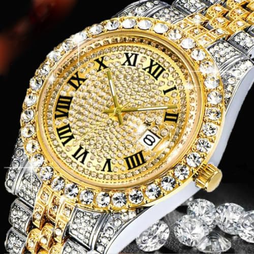 SENRUD Mens Diamond Watch Fashion Crystal Rhinestone Quartz Analog Watch IcedOut Bracelet Wrist Watch Two ToneGold - Image 3
