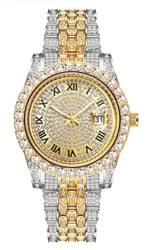 SENRUD Mens Diamond Watch Fashion Crystal Rhinestone Quartz Analog Watch IcedOut Bracelet Wrist Watch Two ToneGold - Image 1