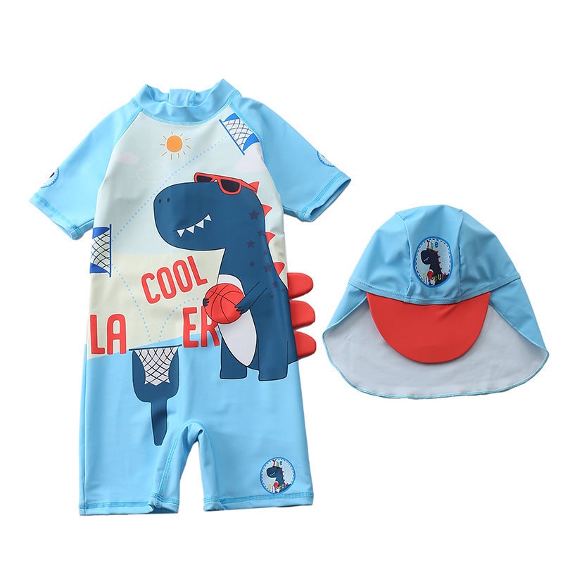 One-Piece Swimsuit for Boys, Toddlers, Infants, Boys'' Swimwear, Baby Boy Swimsuit, Dinosaur Element, Short-Sleeved Casual - Image 1