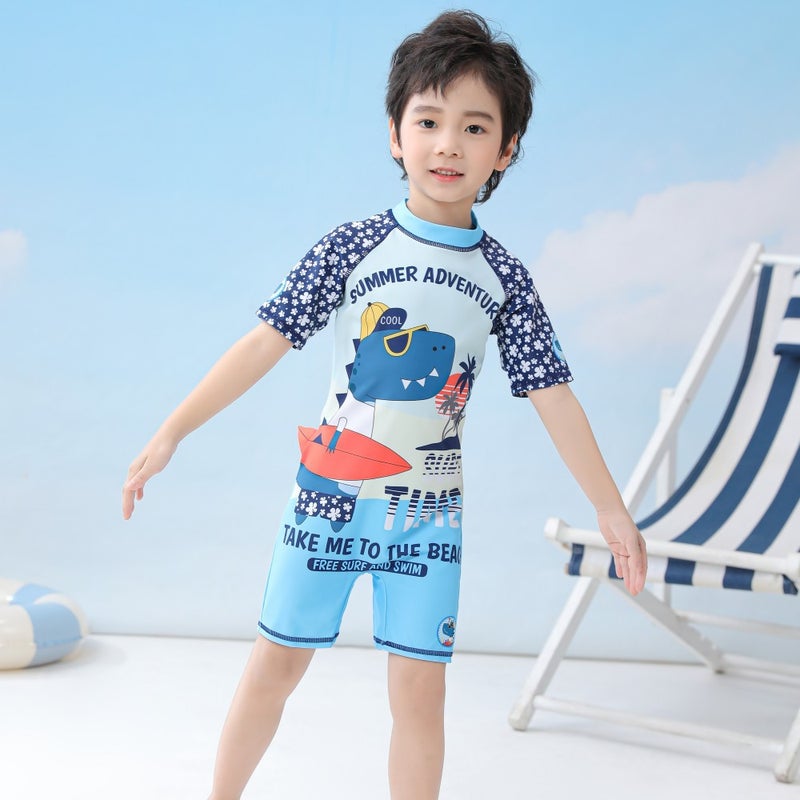 One-Piece Swimsuit for Boys, Toddlers, Infants, Boys'' Swimwear, Baby Boy Swimsuit, Dinosaur Element, Short-Sleeved Casual - Image 3