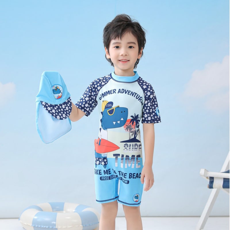 One-Piece Swimsuit for Boys, Toddlers, Infants, Boys'' Swimwear, Baby Boy Swimsuit, Dinosaur Element, Short-Sleeved Casual - Image 2