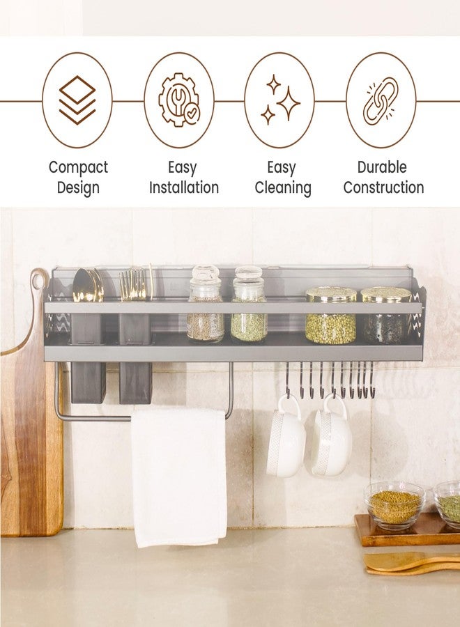 Home Essentials HomeEssentials Wall Mounted Metal Kitchen Organizer Rack – 60cm Shelf for Kitchen with 2 Plastic Cutlery Boxes, Cup Holders, Spatula, Spoon & Ladle Hangers, Stand with Hooks for Accessories Storage - Image 3