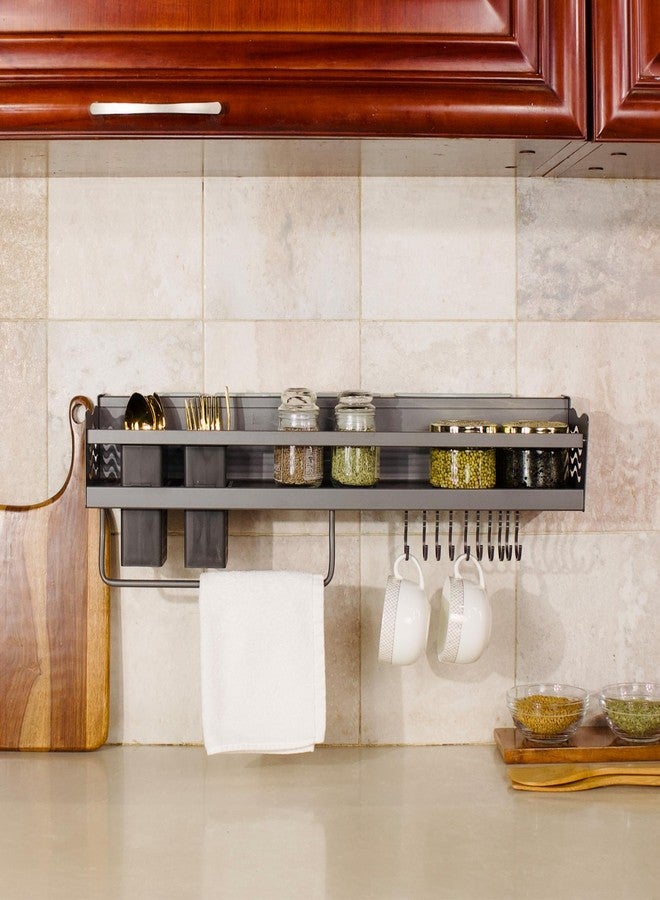 Home Essentials HomeEssentials Wall Mounted Metal Kitchen Organizer Rack – 60cm Shelf for Kitchen with 2 Plastic Cutlery Boxes, Cup Holders, Spatula, Spoon & Ladle Hangers, Stand with Hooks for Accessories Storage - Image 2