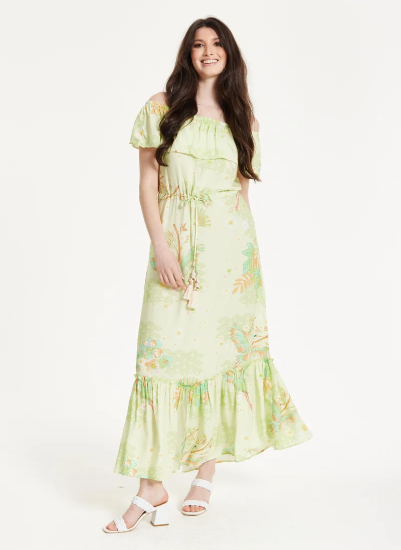 Liquorish Floral & Bird Print Off Shoulder Dress
