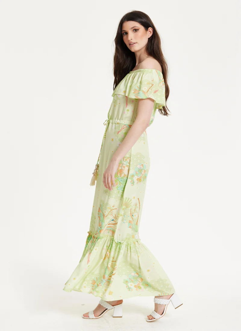 Liquorish  Floral & Bird Print Off Shoulder Dress for Women | Best Price UAE