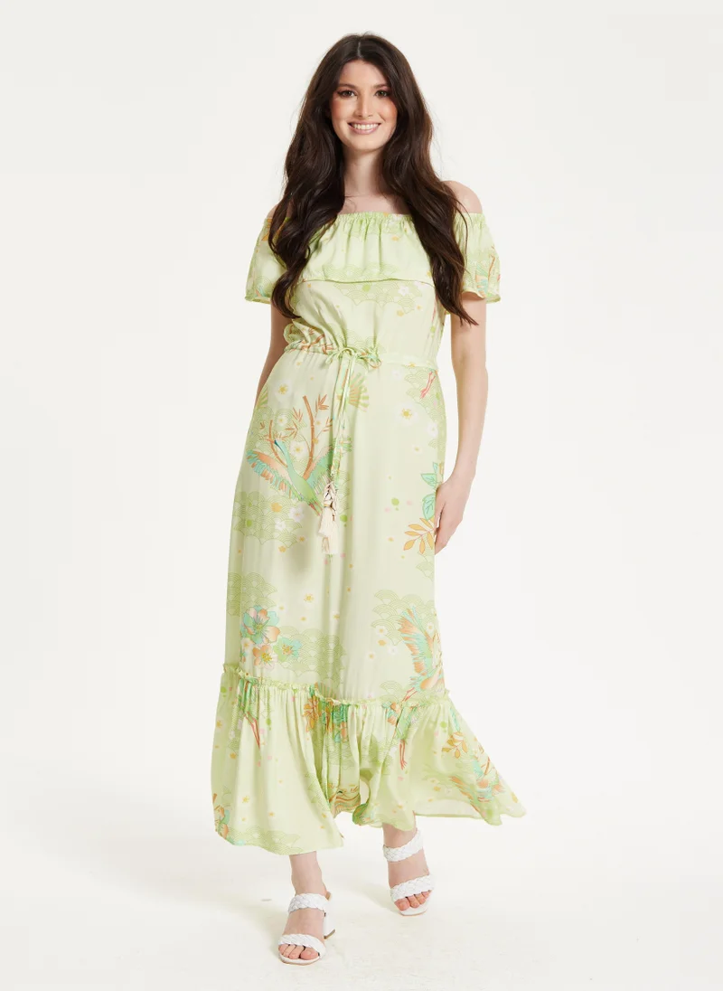 Liquorish Floral & Bird Print Off Shoulder Dress