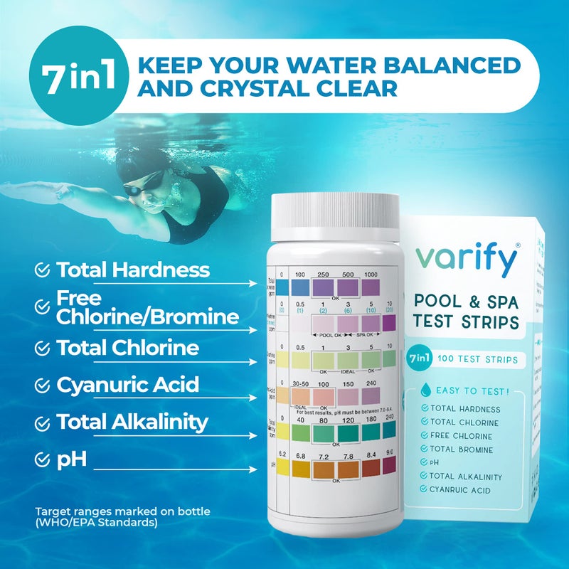 Varify 7 in 1 Pool and Spa Test Strips- Easy to Use Water Testing Kit for Pool, Spa, Hot Tub & More - Tester Strip for Water Hardness, Chlorine, Bromine, pH, Alkalinity and Cyanuric Acid (100 Strips) - Image 2