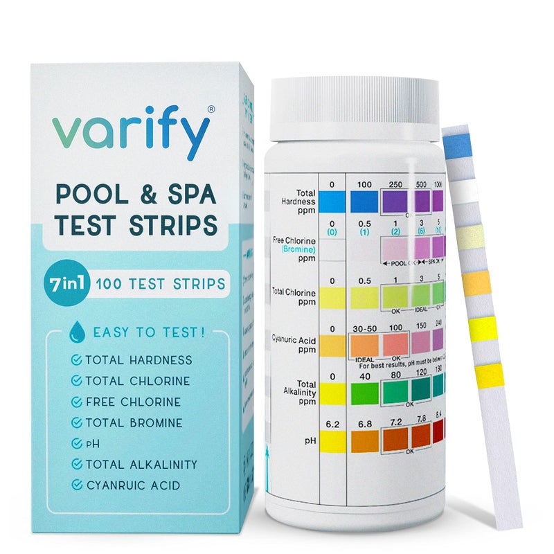 Varify 7 in 1 Pool and Spa Test Strips- Easy to Use Water Testing Kit for Pool, Spa, Hot Tub & More - Tester Strip for Water Hardness, Chlorine, Bromine, pH, Alkalinity and Cyanuric Acid (100 Strips) - Image 1