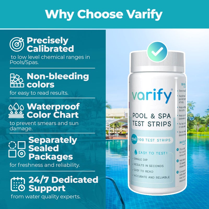 Varify 7 in 1 Pool and Spa Test Strips- Easy to Use Water Testing Kit for Pool, Spa, Hot Tub & More - Tester Strip for Water Hardness, Chlorine, Bromine, pH, Alkalinity and Cyanuric Acid (100 Strips) - Image 4