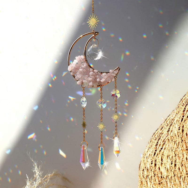 Cactopia Crystal Moon Crescent Suncatcher - Window, Garden, Balcony, Boho Decorative Accessory (Rose) - Image 1