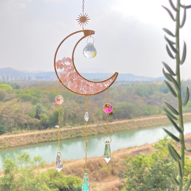 Cactopia Crystal Moon Crescent Suncatcher - Window, Garden, Balcony, Boho Decorative Accessory (Rose) - Image 4