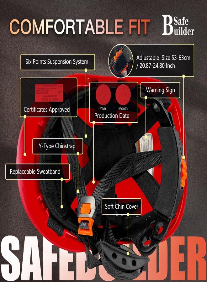 SAFEBUILDER ABS Work-at-Height and Rescue Hard Hat Slotted Ventilated Helmet w/Adjustable Ratchet 6-Point Suspension ANSI Z89.1-14 (Red Safety Helmet) - Image 4