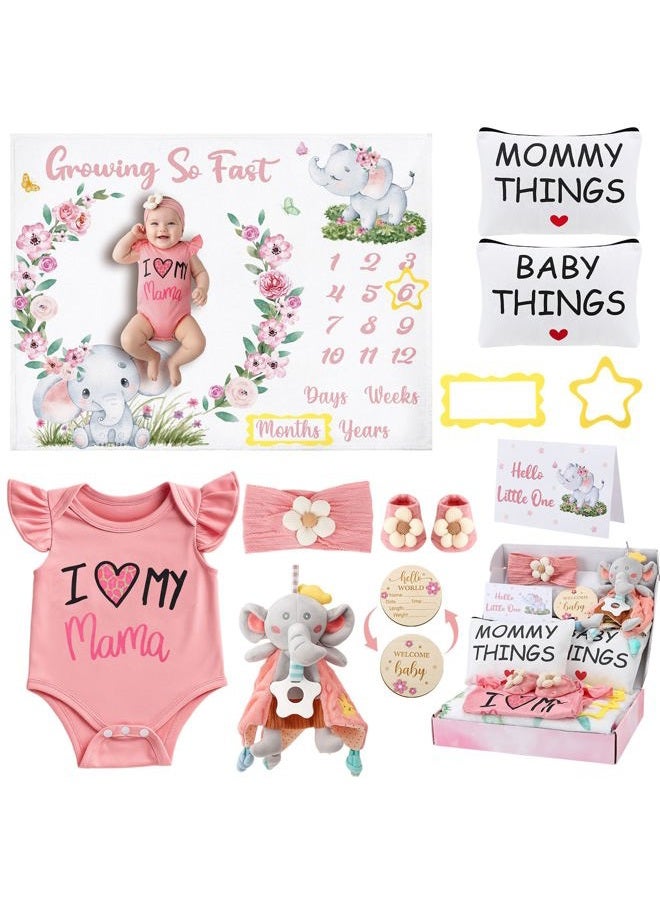 Guiqulai Baby Girl Gifts, Baby Shower Gifts for Girls, New Mom Gifts Baby Girl Gift Baskets Elephant Baby Milestone Blanket Mommy and Baby Canvas Pouch Set Pregnancy Gifts for Women and Baby - Image 1