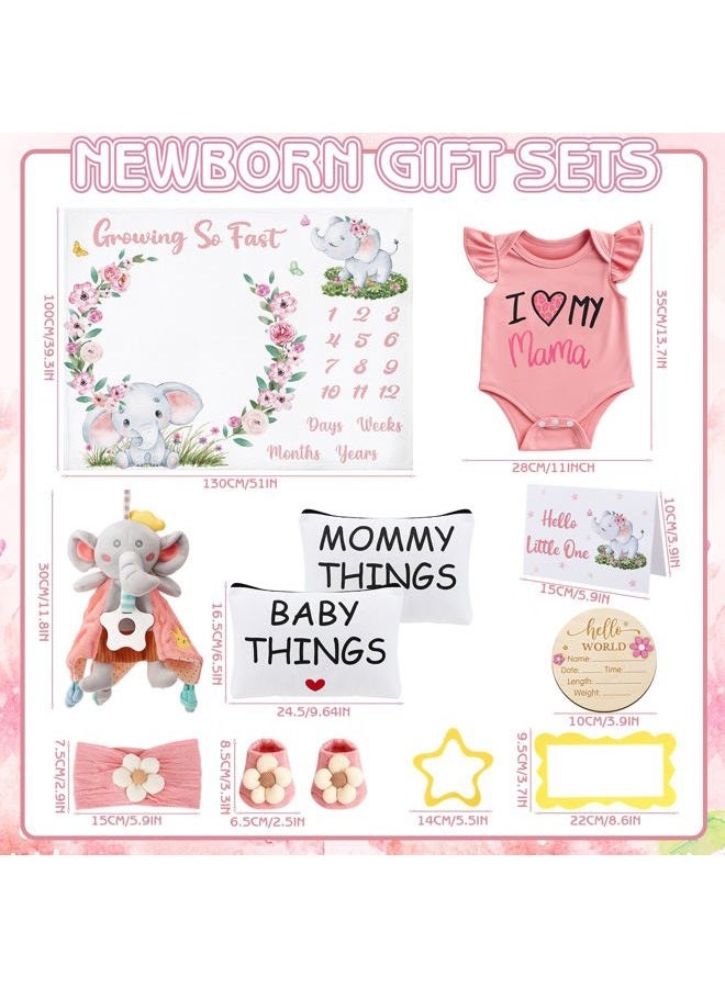 Guiqulai Baby Girl Gifts, Baby Shower Gifts for Girls, New Mom Gifts Baby Girl Gift Baskets Elephant Baby Milestone Blanket Mommy and Baby Canvas Pouch Set Pregnancy Gifts for Women and Baby - Image 2
