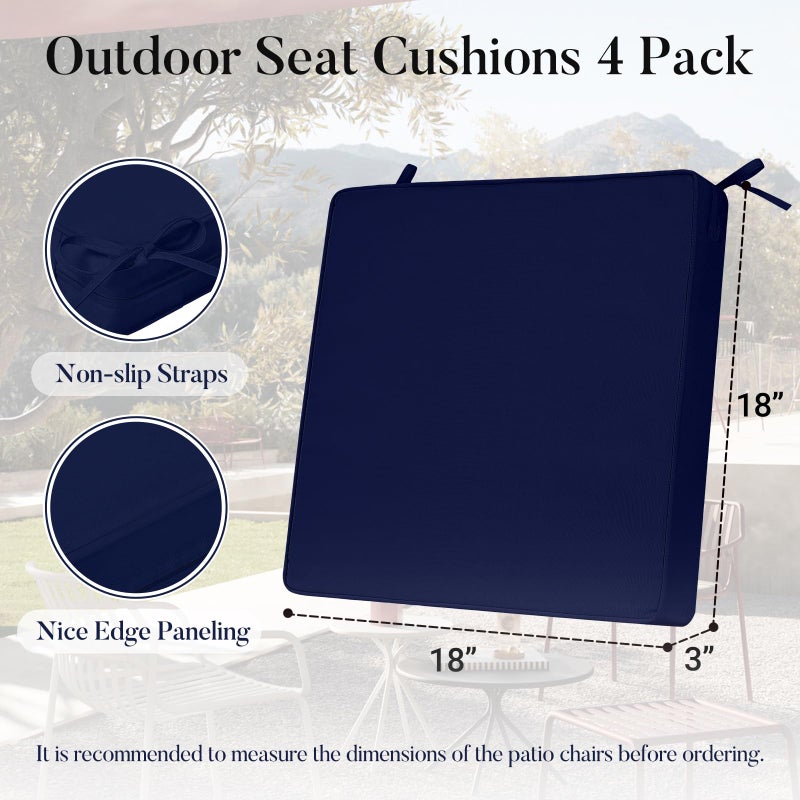 Basic Beyond Outdoor Chair Cushions for Patio Furniture, Waterproof Outdoor Seat Cushions Set of 4 18 x 18, Patio Chair Cushions Set of 4 with Ties and Handle, Navy - Image 5