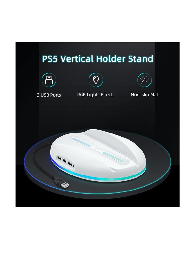RGB Vertical Stand for PS5 Console, Base Gaming with LED Light, USB Hub Compatible, Console (White)