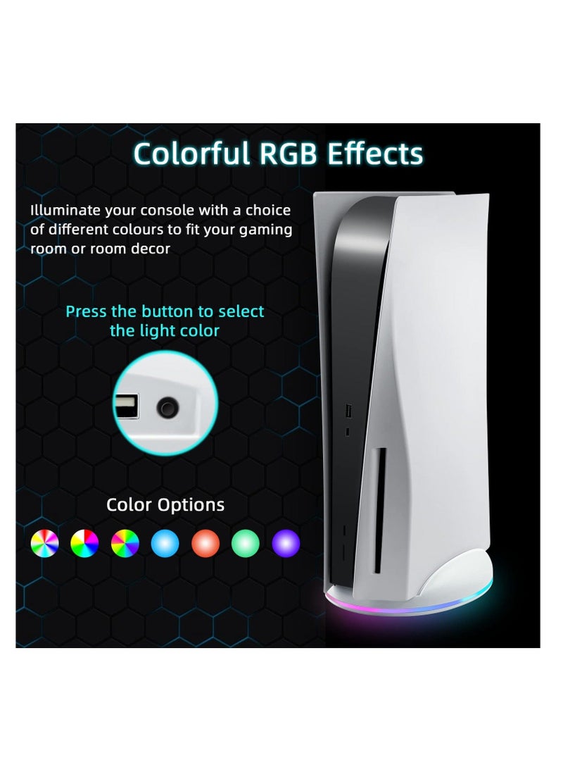 RGB Vertical Stand for PS5 Console, Base Gaming with LED Light, USB Hub Compatible, Console (White)