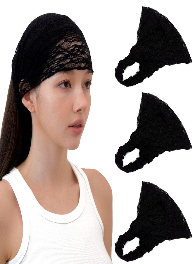 LONEEDY 3 Pack Soft Lace Wide Headbands for Women,2 Ways Bandana Hairband for Girls Daily Hair Accessories (3 Black, One Size) - Image 1