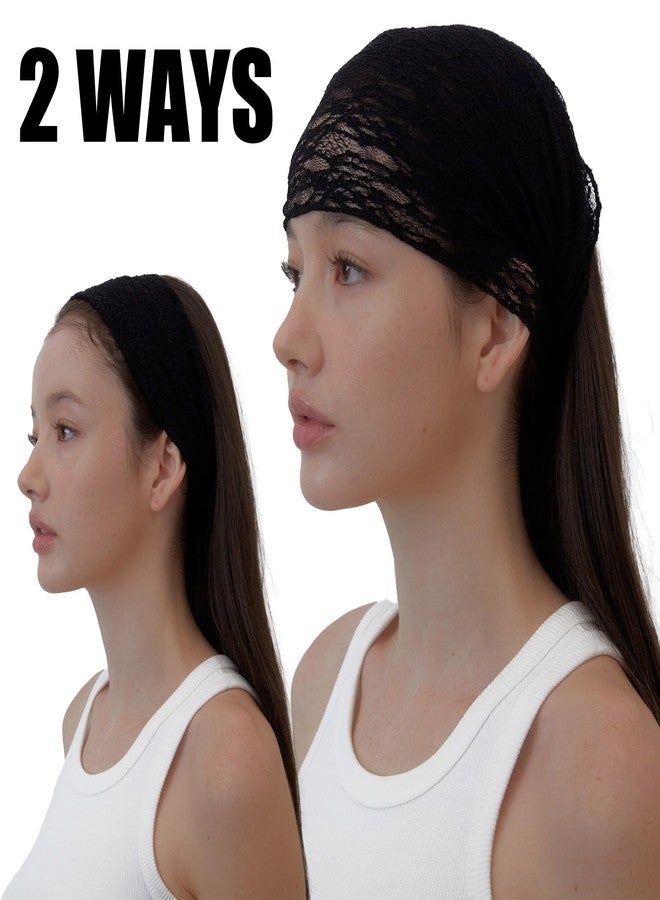 LONEEDY 3 Pack Soft Lace Wide Headbands for Women,2 Ways Bandana Hairband for Girls Daily Hair Accessories (3 Black, One Size) - Image 2