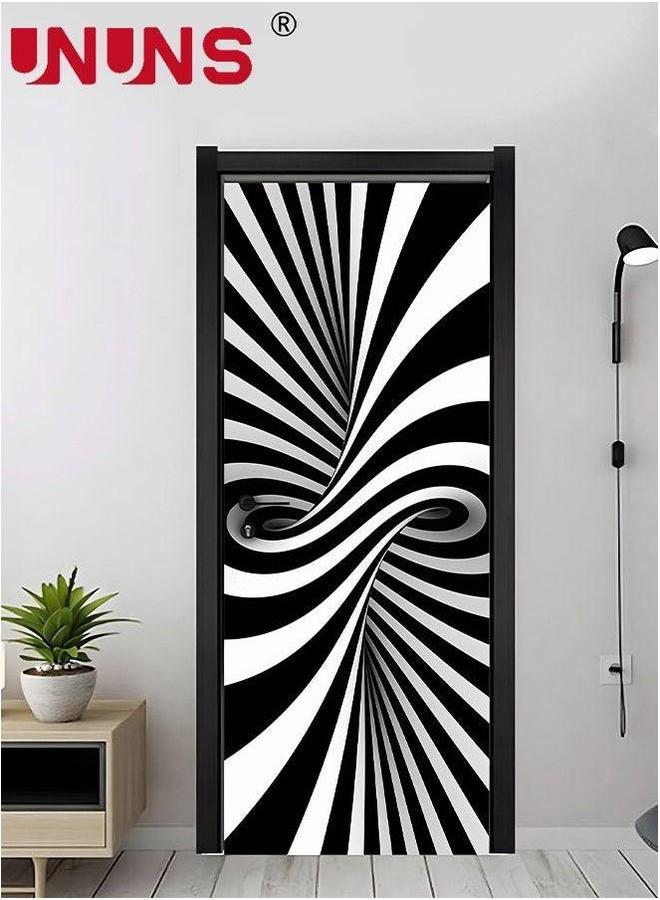 UNUNS 2-Piece 3D Self-Adhesive Door Stickers,Black And White Pattern Abstract Vision For Decor,Geometric DIY Waterproof Wall Murals,38.5x200x2cm - Image 2