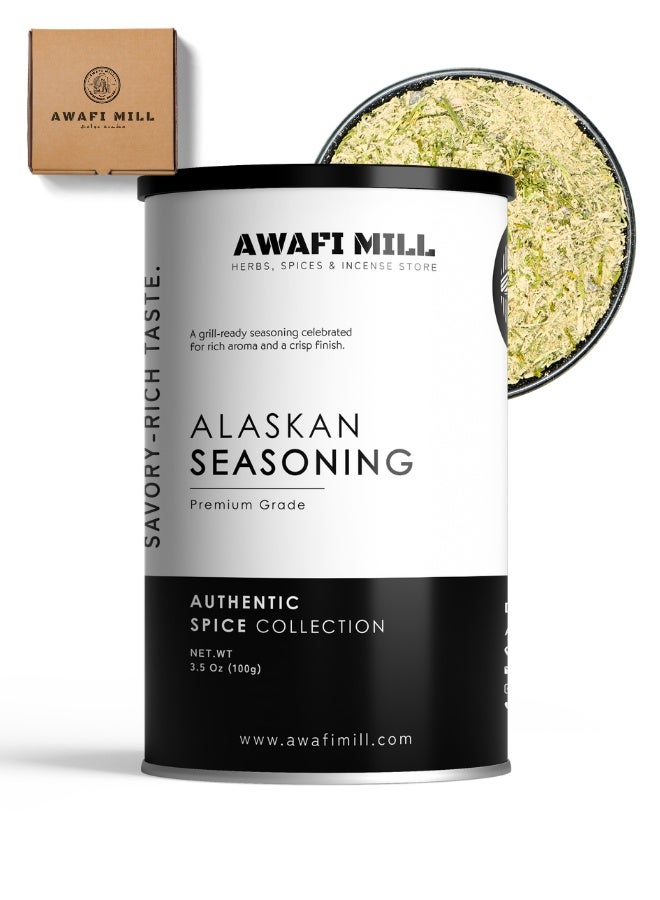 أباميك توابل ألاسكا للحوم من أوافي ميل | مزيج توابل لذيذ بنكهة الحمضيات لسمك السلمون والمأكولات البحرية والدجاج ولحم الخنزير وشرائح اللحم والبرغر والمشويات وألواح الأرز والشواية - 100 غرام | 3.5 أونصة - Image 1