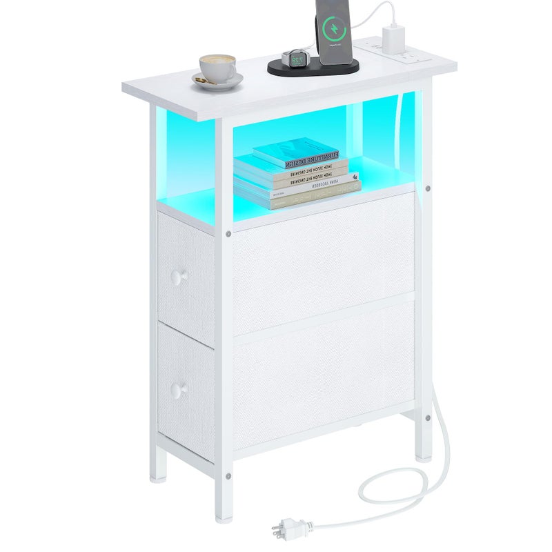 TRIFEBLE End Table with Charging Station, Narrow Side Table with 2 Fabric Drawers, Skinny Nightstand with LED Light, Slim Bedside Table for Bedroom, Living Room, Small Spaces, White - Image 1