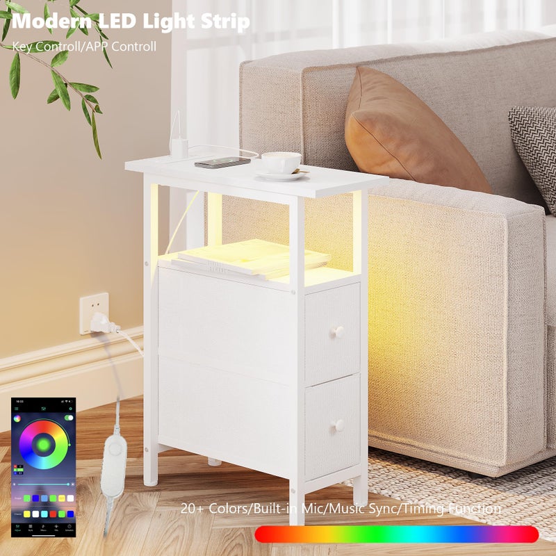 TRIFEBLE End Table with Charging Station, Narrow Side Table with 2 Fabric Drawers, Skinny Nightstand with LED Light, Slim Bedside Table for Bedroom, Living Room, Small Spaces, White - Image 3