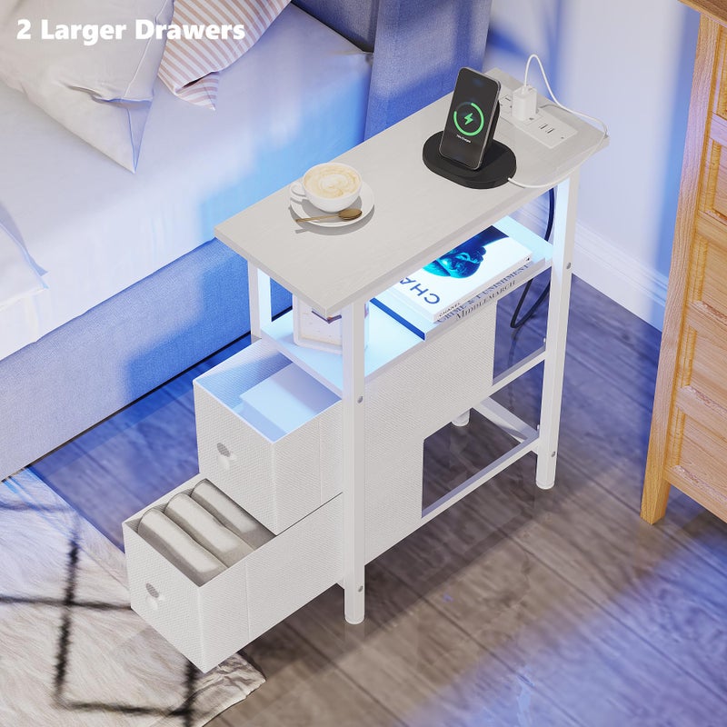 TRIFEBLE End Table with Charging Station, Narrow Side Table with 2 Fabric Drawers, Skinny Nightstand with LED Light, Slim Bedside Table for Bedroom, Living Room, Small Spaces, White - Image 5
