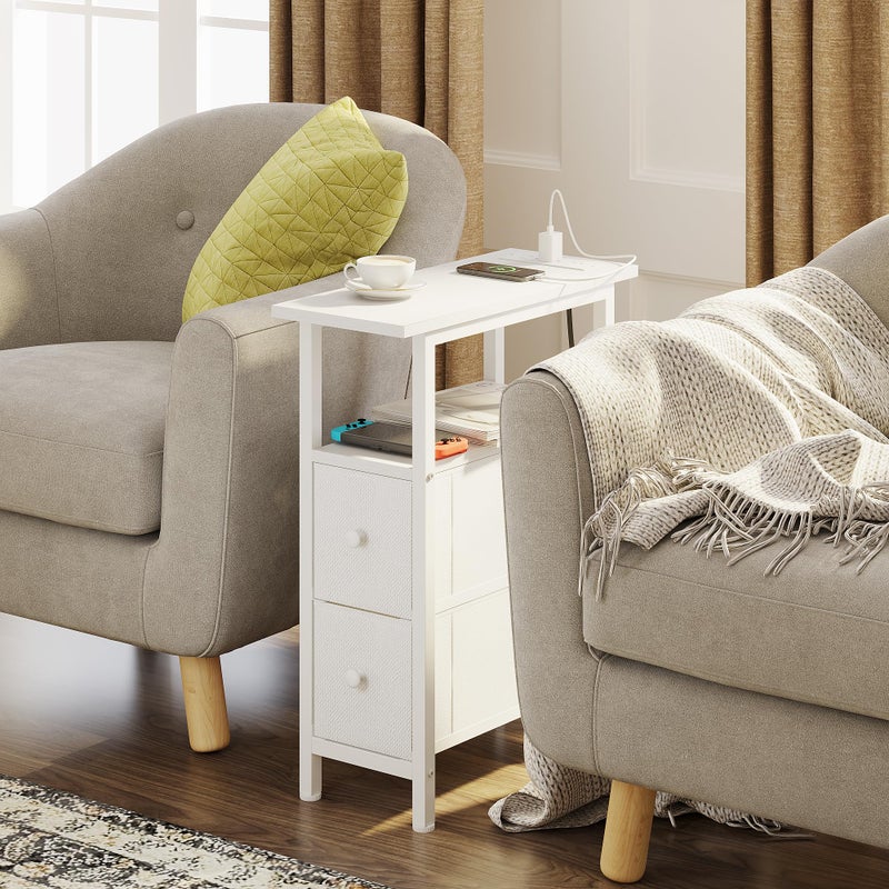 TRIFEBLE End Table with Charging Station, Narrow Side Table with 2 Fabric Drawers, Skinny Nightstand with LED Light, Slim Bedside Table for Bedroom, Living Room, Small Spaces, White - Image 2