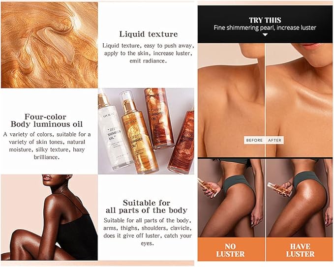 Go Ho زيت الجسم المتلألئ من جو هو - مرطب خفيف متلألئ ومضيء غير لزج - مكياج هايلايتر سائل لجسمك - رذاذ سائل ناعم لمضيء الجسم في الصيف 28 أونصة سائلة 3 برونز ذهبي - Image 3