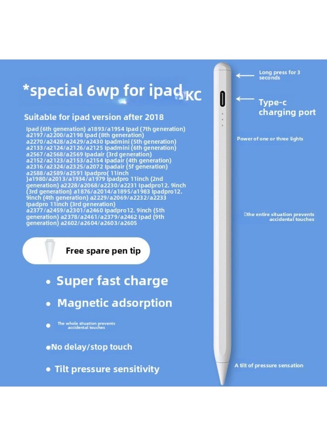 Magnetic Attraction Ipad Capacitive Pen Handwriting Pen Suitable For Android Universal Pencil Fast Charging Touch Control-Color:6WP-KC Super Fast Charging Ipad Special/Tilt Bold/Anti-Misoperation/Bluetooth  - Image 1