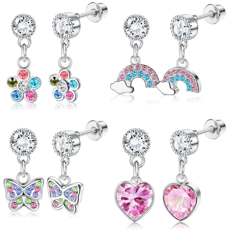 YADOCA 4 Pairs Screw Back Earrings For Girls Women Hypoallergenic 316L Stainless Steel Cute Pink CZ Heart Screwback Dangle Earrings Multicolored Cubic Zirconia Flower Butterfly Rainbow Earrings Dangling Set - Image 1