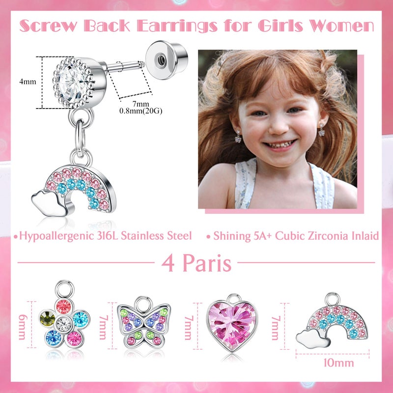 YADOCA 4 Pairs Screw Back Earrings For Girls Women Hypoallergenic 316L Stainless Steel Cute Pink CZ Heart Screwback Dangle Earrings Multicolored Cubic Zirconia Flower Butterfly Rainbow Earrings Dangling Set - Image 3