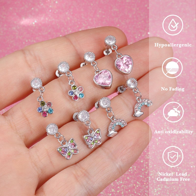 YADOCA 4 Pairs Screw Back Earrings For Girls Women Hypoallergenic 316L Stainless Steel Cute Pink CZ Heart Screwback Dangle Earrings Multicolored Cubic Zirconia Flower Butterfly Rainbow Earrings Dangling Set - Image 2