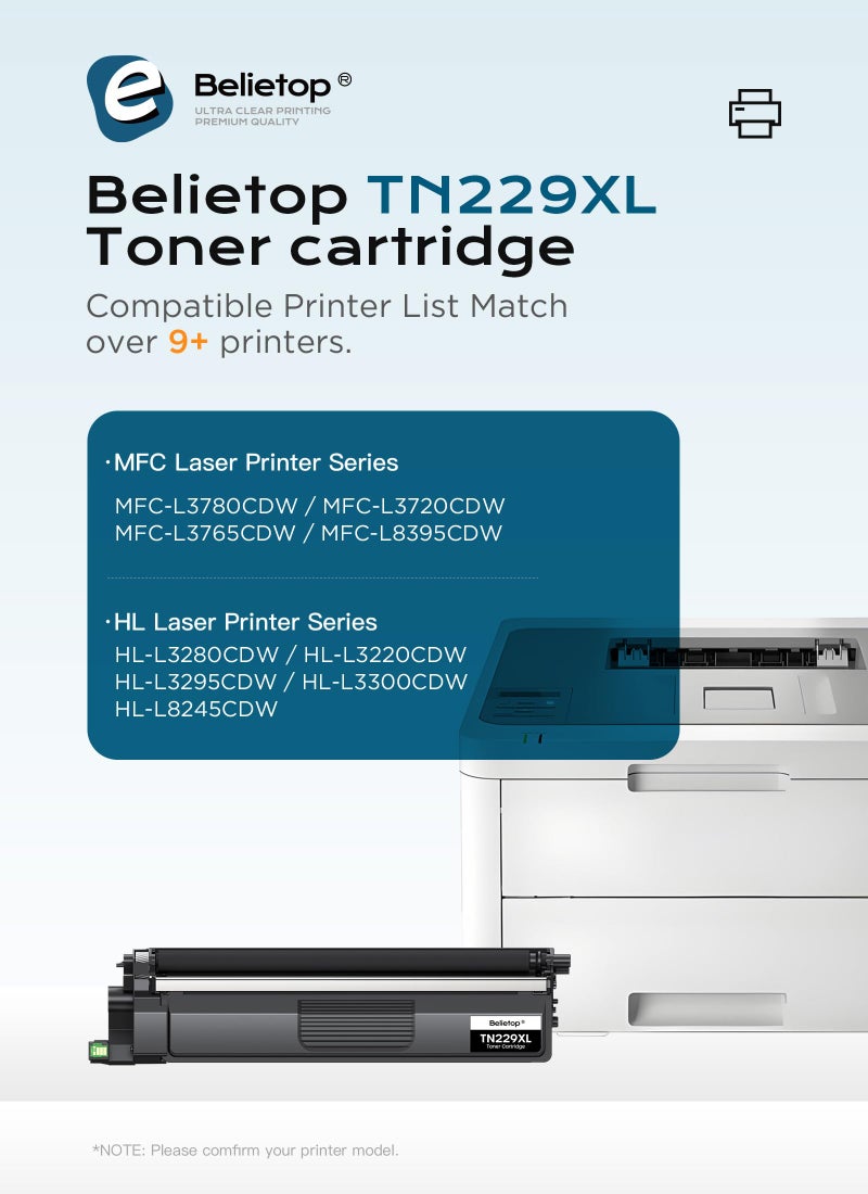 belietop Compatible TN229XL Toner Cartridges High Yield Replacement for Brother TN229XL TN 229XL for MFC-L3780CDW MFC-L3720CDW HL-L3280CDW HL-L3220CDW HL-L3300CDW HL-L3295CDW Printers (4 Pack, B/C/M/Y) - Image 2