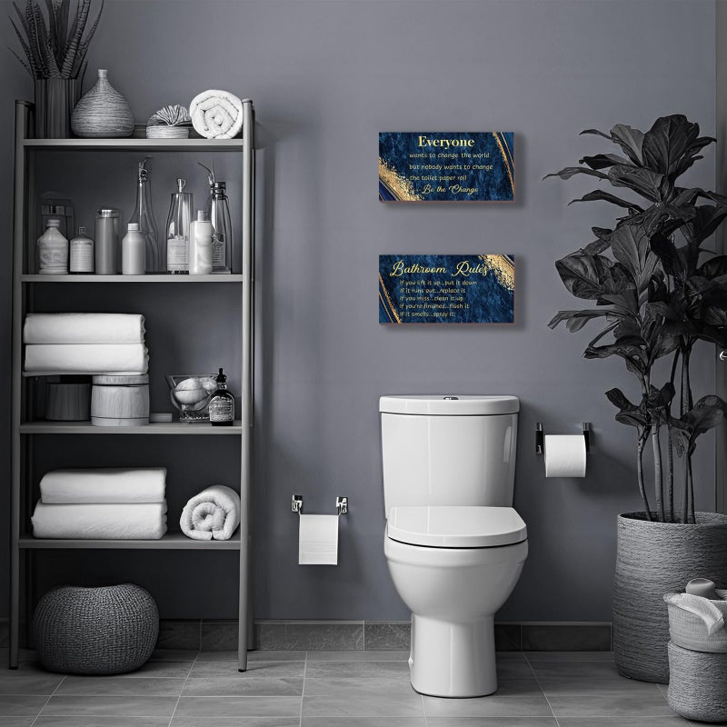 DONFENTHY 2 Pieces Blue Gold Bathroom Decor Bathroom Rules Wall Art Blue Gold Bathroom Rules Signs Rustic Farmhouse Blue Bathroom Rules Wooden Sign for Bathroom Toilet Wall Decor (Blue Gold 12x6"") - Image 5