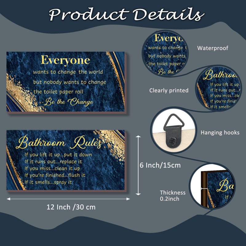 DONFENTHY 2 Pieces Blue Gold Bathroom Decor Bathroom Rules Wall Art Blue Gold Bathroom Rules Signs Rustic Farmhouse Blue Bathroom Rules Wooden Sign for Bathroom Toilet Wall Decor (Blue Gold 12x6"") - Image 4
