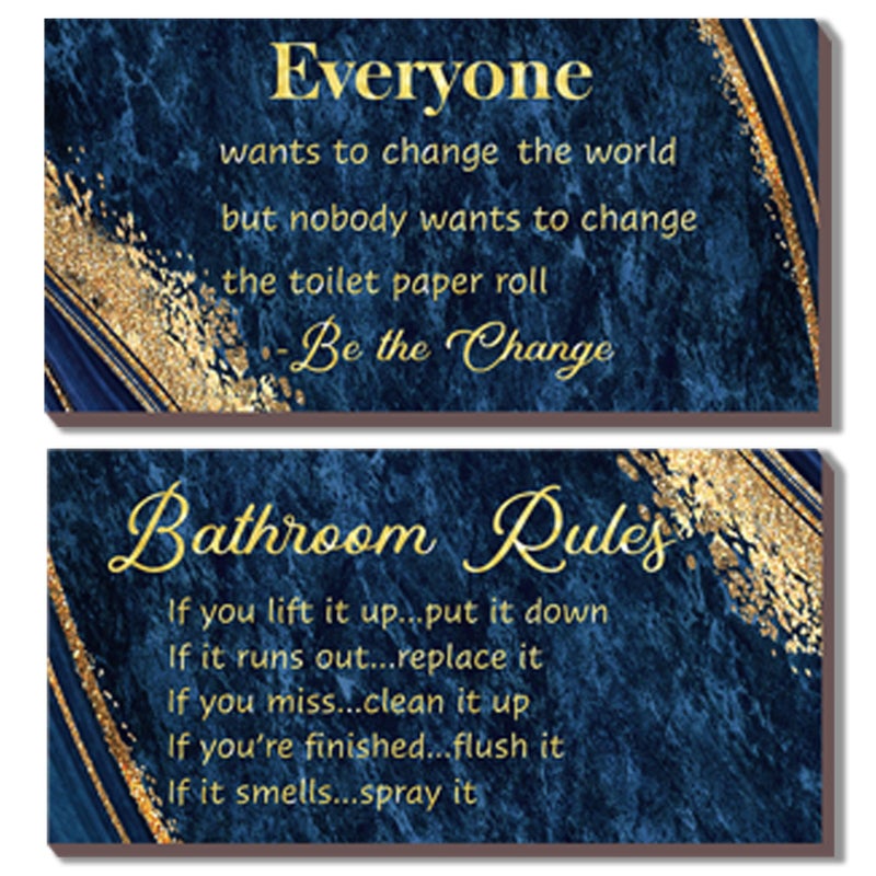 DONFENTHY 2 Pieces Blue Gold Bathroom Decor Bathroom Rules Wall Art Blue Gold Bathroom Rules Signs Rustic Farmhouse Blue Bathroom Rules Wooden Sign for Bathroom Toilet Wall Decor (Blue Gold 12x6"") - Image 1