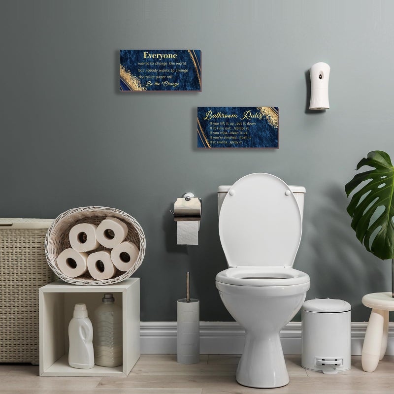 DONFENTHY 2 Pieces Blue Gold Bathroom Decor Bathroom Rules Wall Art Blue Gold Bathroom Rules Signs Rustic Farmhouse Blue Bathroom Rules Wooden Sign for Bathroom Toilet Wall Decor (Blue Gold 12x6"") - Image 2