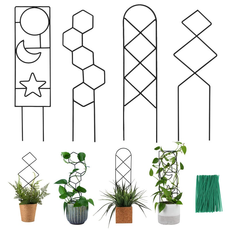 Wellsign Plant Trellis for Climbing Plants Indoor, 15.94Inch Small Garden Metal Houseplant Trellis for Potted Plants Outdoor with 4 Patterns for Vine Ivy Flower Plant Support Lover Gifts Lattice - Image 1