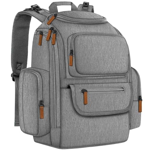 Mancro Diaper Bag Backpack Multifunctional Baby Diaper Bag Backpack For Men Women with Stroller Straps Travel Water Resistant Baby Diaper Backpack with 2 Side Insulated Pockets White Grey - Image 1