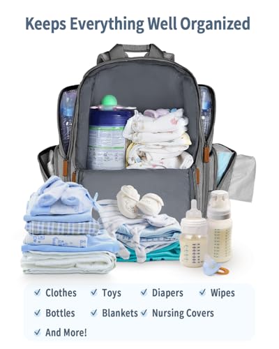 Mancro Diaper Bag Backpack Multifunctional Baby Diaper Bag Backpack For Men Women with Stroller Straps Travel Water Resistant Baby Diaper Backpack with 2 Side Insulated Pockets White Grey - Image 3