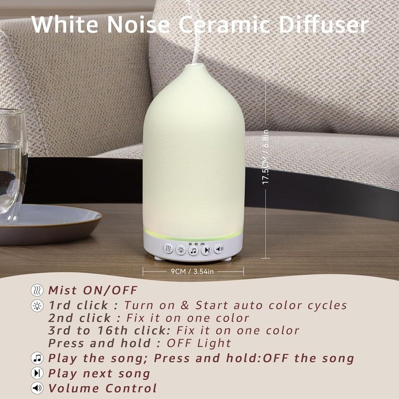 موزع زيت عطري سيراميكي سعة 200 مل مع ضوضاء بيضاء - علاج عطري فوق صوتي ومرطب مع 20 صوتًا طبيعيًا، 7 ألوان، إيقاف تلقائي، WN-200ML-أبيض، 1 ساعة/3 ساعات/6 ساعات | عطر للمنزل والمكتب واليوغا - Image 5