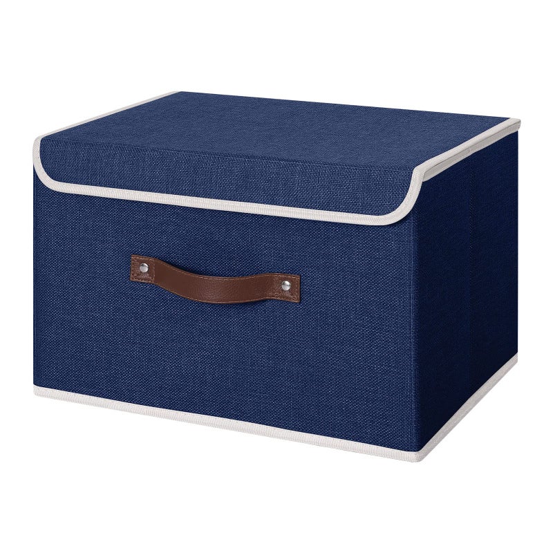 ANMINY Storage Bin with Lid Storage Boxes with PU Leather Handles PP Plastic Board Decorative Foldable Lidded Cotton Linen Fabric Home Cubes Baskets Closet Organizer Container - Blue, Large Size - Image 1